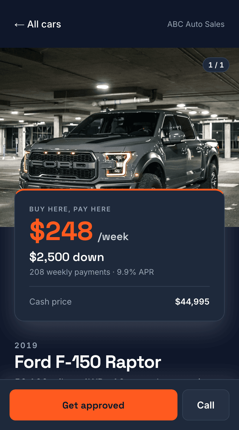 A LotRocket vehicle page on a phone, showing buy-here-pay-here weekly payment terms