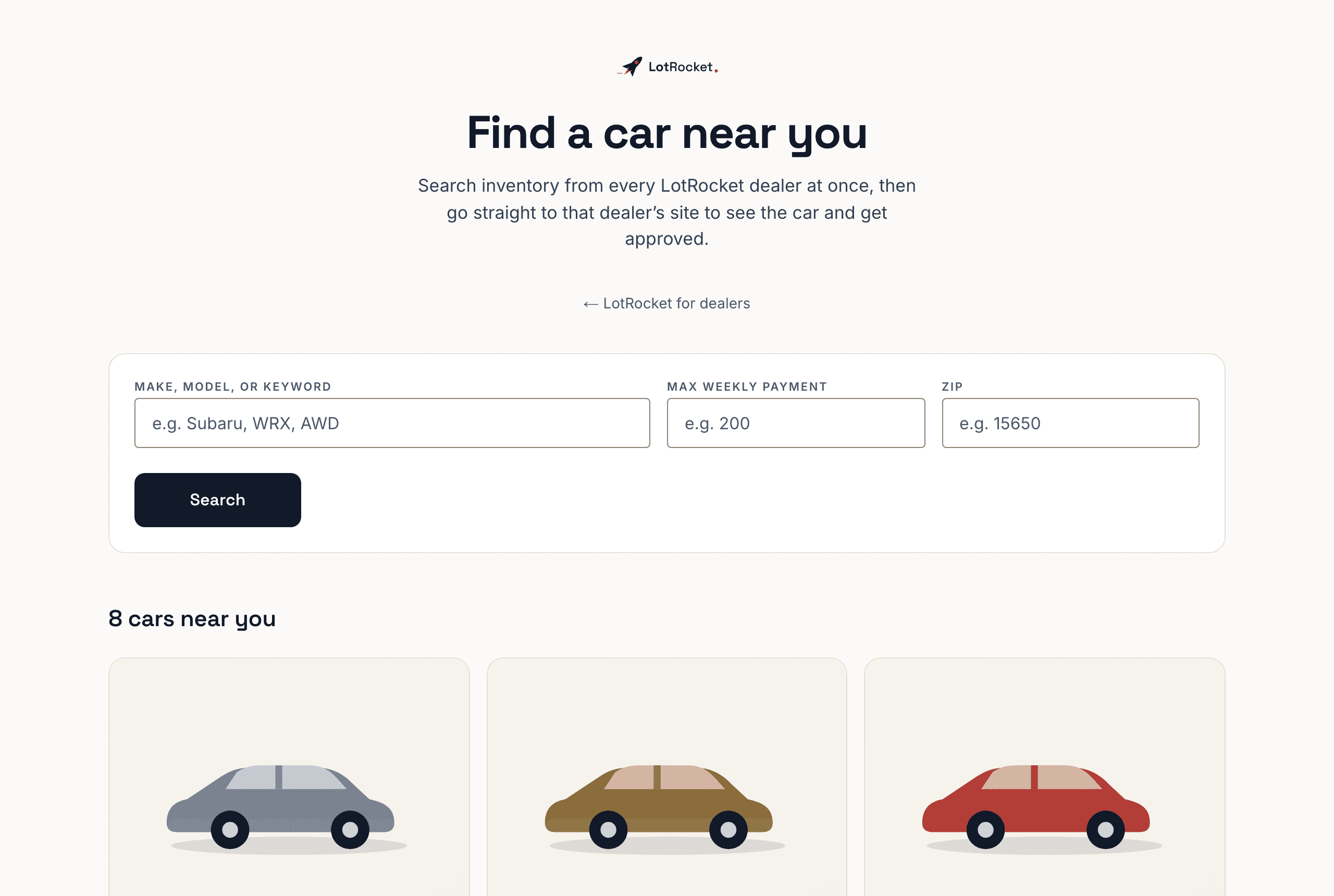 LotRocket Find-a-Car search results showing cars from several dealers